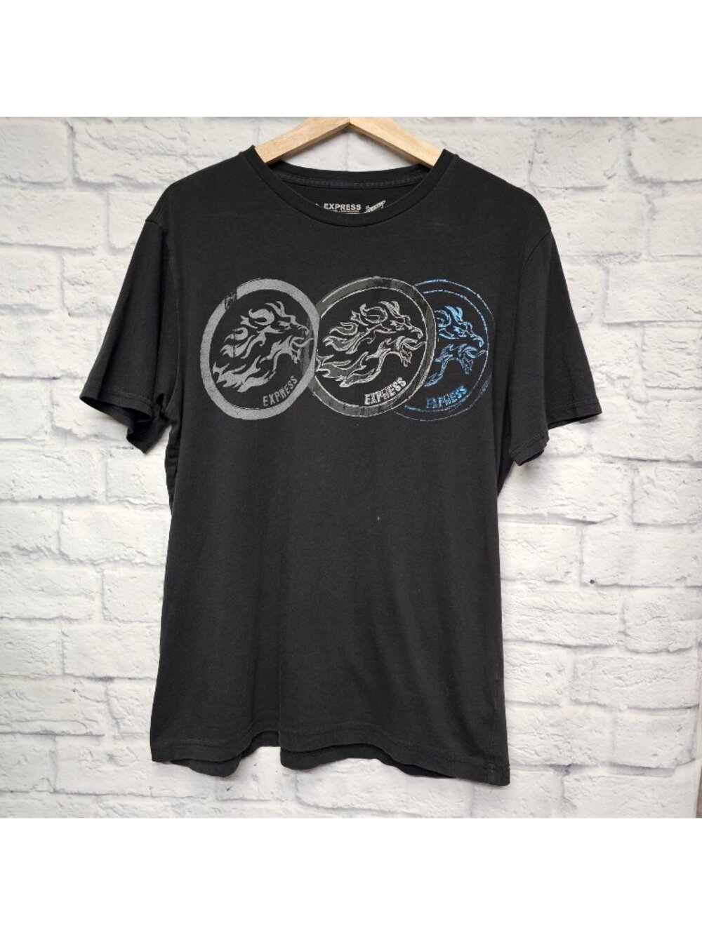EXPRESS MEN M BLACK BLUE GRAY FOIL LOGO S/S RETRO CREW GRAPHIC SHIRT TEE